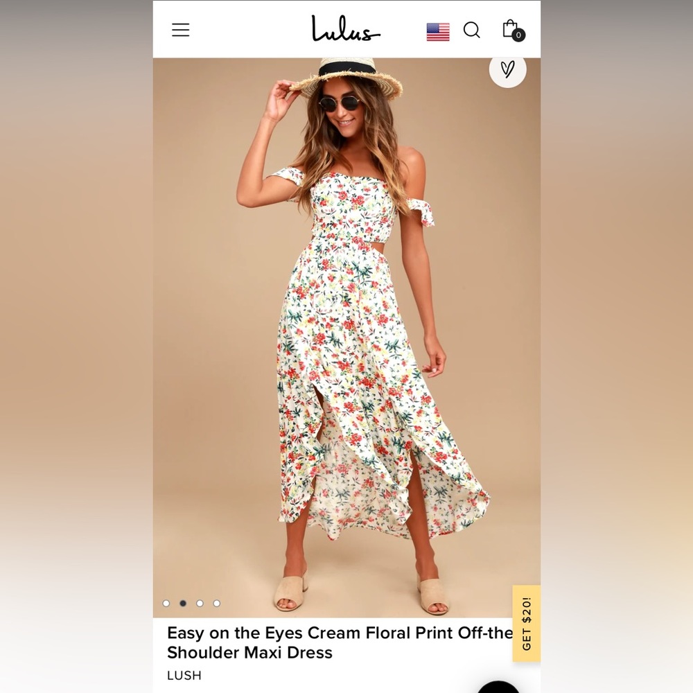 LuLu’s Easy on the Eyes Cream Floral Print Off-the-Shoulder Maxi Dress Size XS